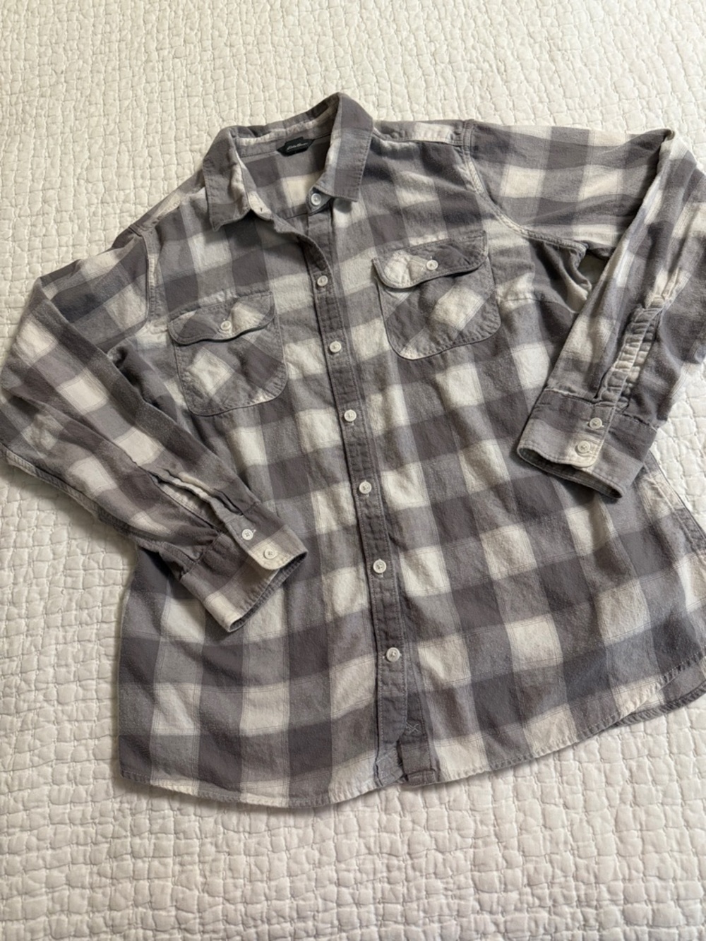 Eddie Bauer Gray and White Plaid Button-Down Shirt